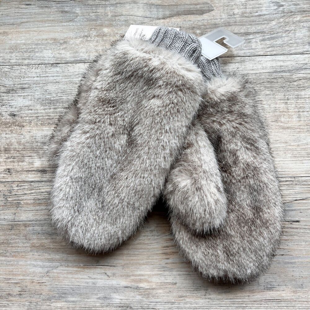 Fur Mittens Lauren Conrad NWT Grey Faux Soft Cozy Winter Gloves Nordic Cottage